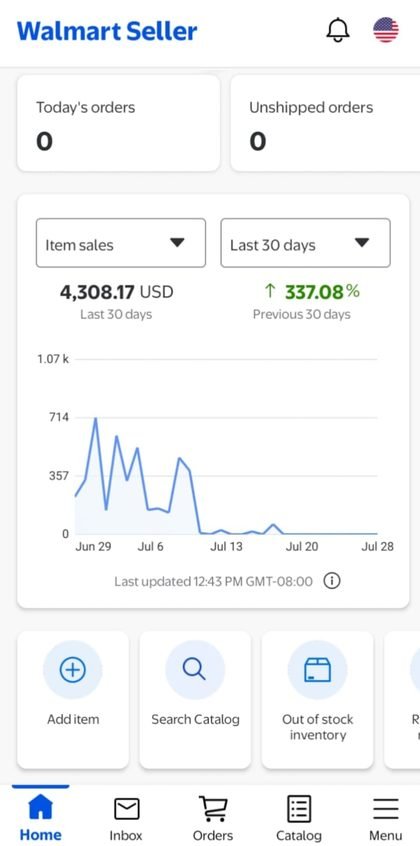 Walmart Seller item sales, last 30 days