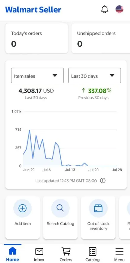 Walmart Seller item sales, last 30 days